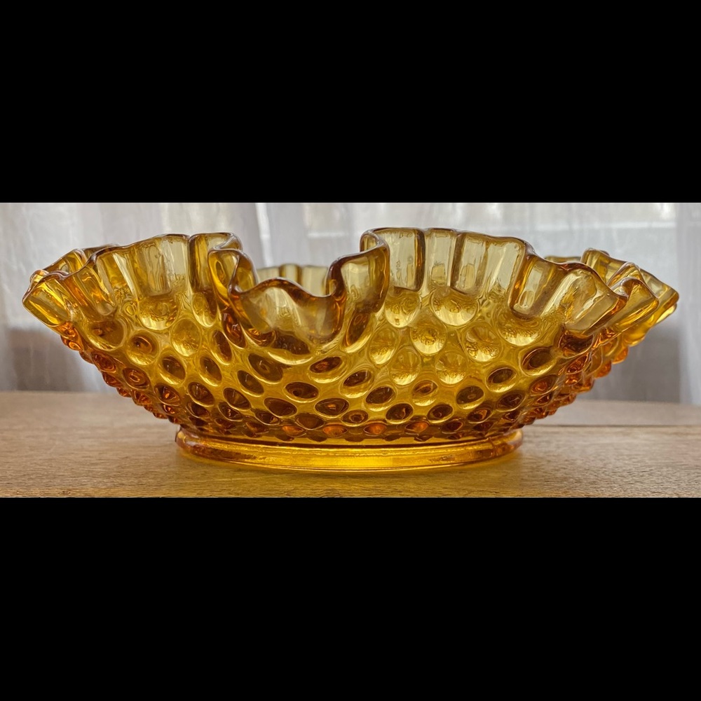 Vintage Fenton amber hobnail ruffled glass bowl
